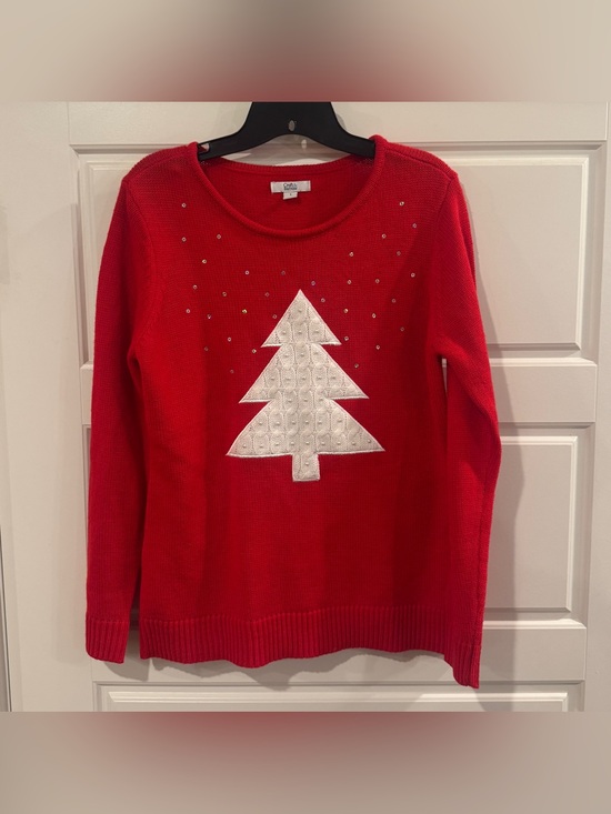 croft & barrow Sweaters - Croft & Barrow Women’s Red Sweater White Pearl-Studded Christmas Tree Size Small